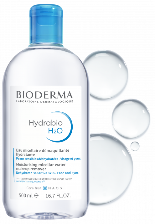 BIODERMA product photo, Hydrabio H2O 500ml, micellar cleansing water makeup remover for dehydrated skin